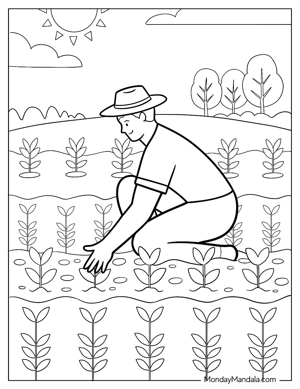 People Coloring Page of Easy Farmer Working In The Field for Kids