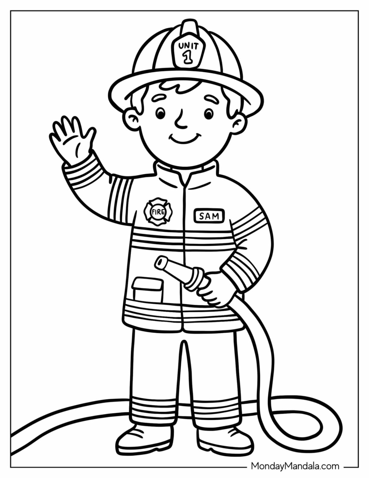 Easy Firefighter Holding a Fire Hose Coloring Sheet for Preschoolers