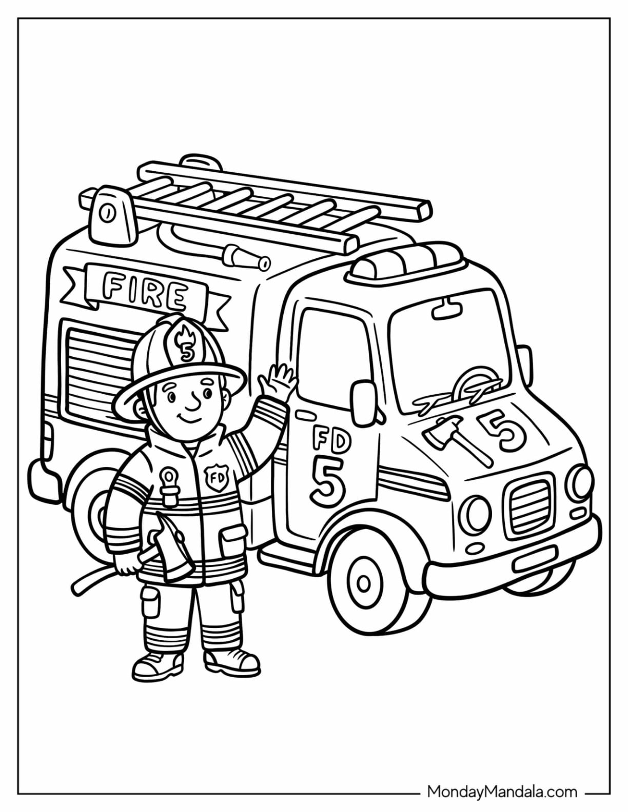 Easy Firefighter with Axe Next to a Fire Truck Coloring Page for Kids