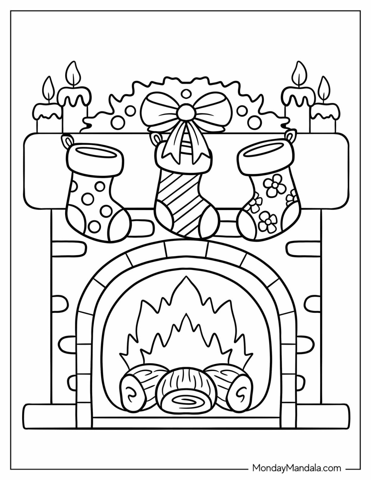Easy Fireplace Coloring Page With Christmas Stocking For Kids