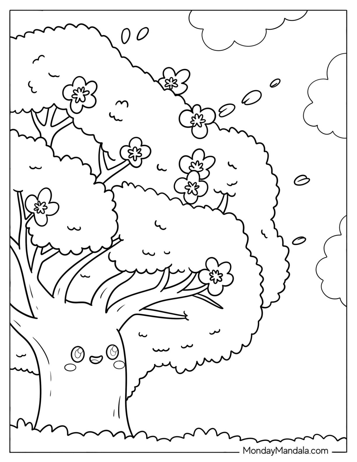 Easy Flower Coloring Page Booming on a Massive Tree