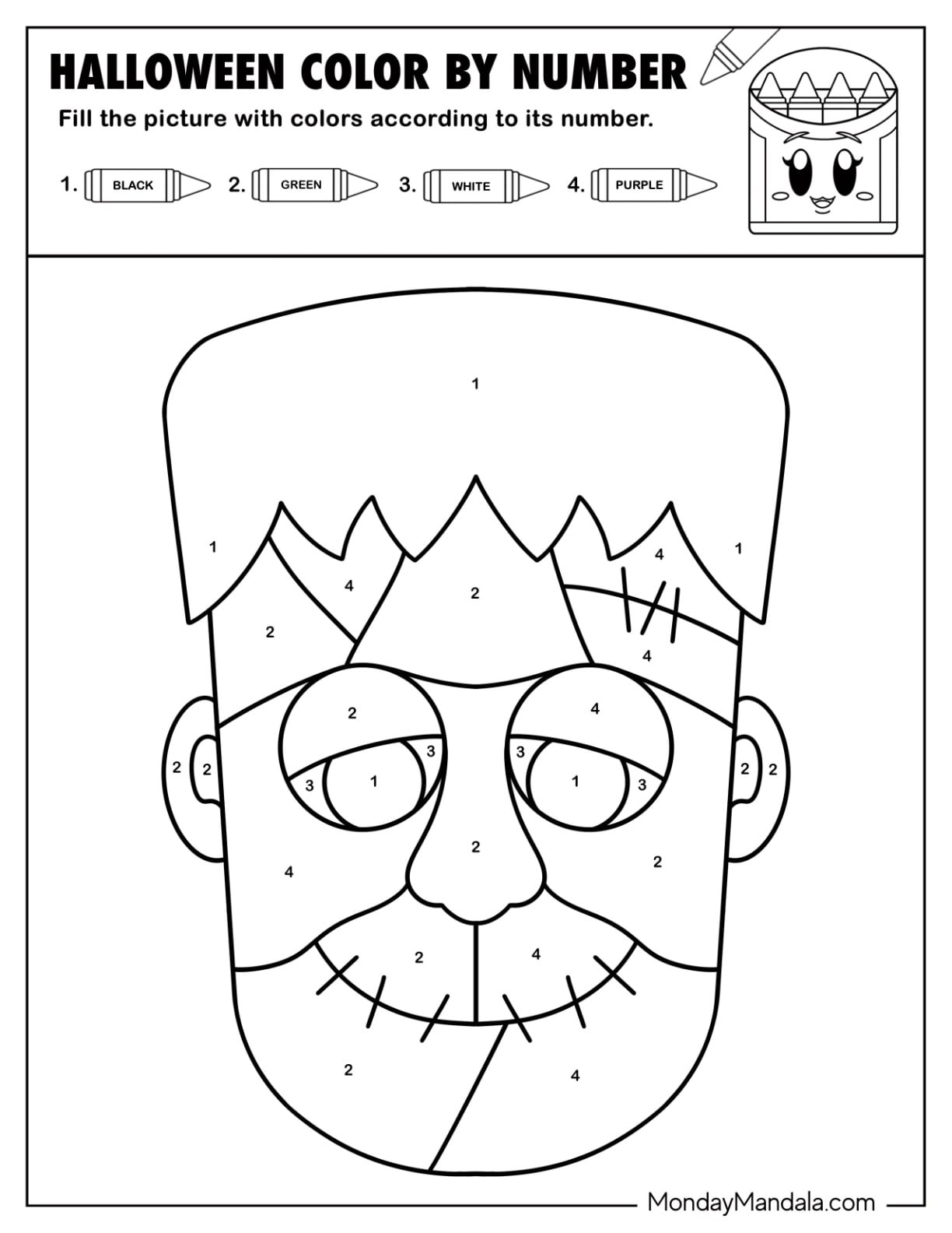 Easy Frankenstein Halloween Color by Number for Kids
