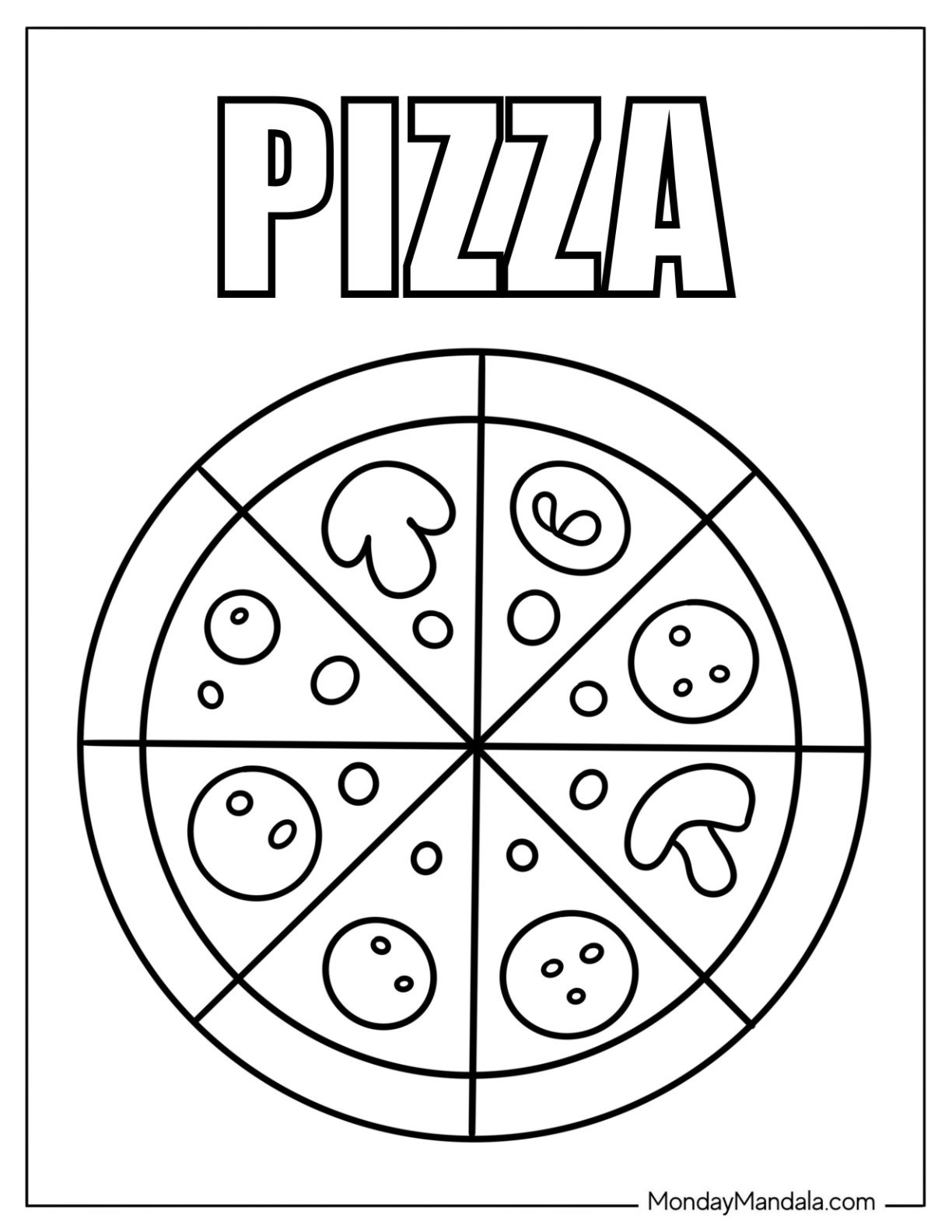 Easy Geometrical Pizza Coloring Page with Text for Preschoolers