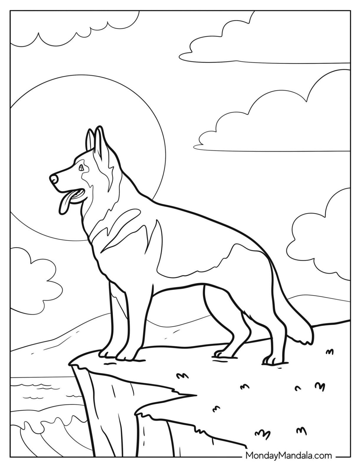 Easy German Shepherd Coloring Page Standing on a Cliff with a Full Moon for Kids