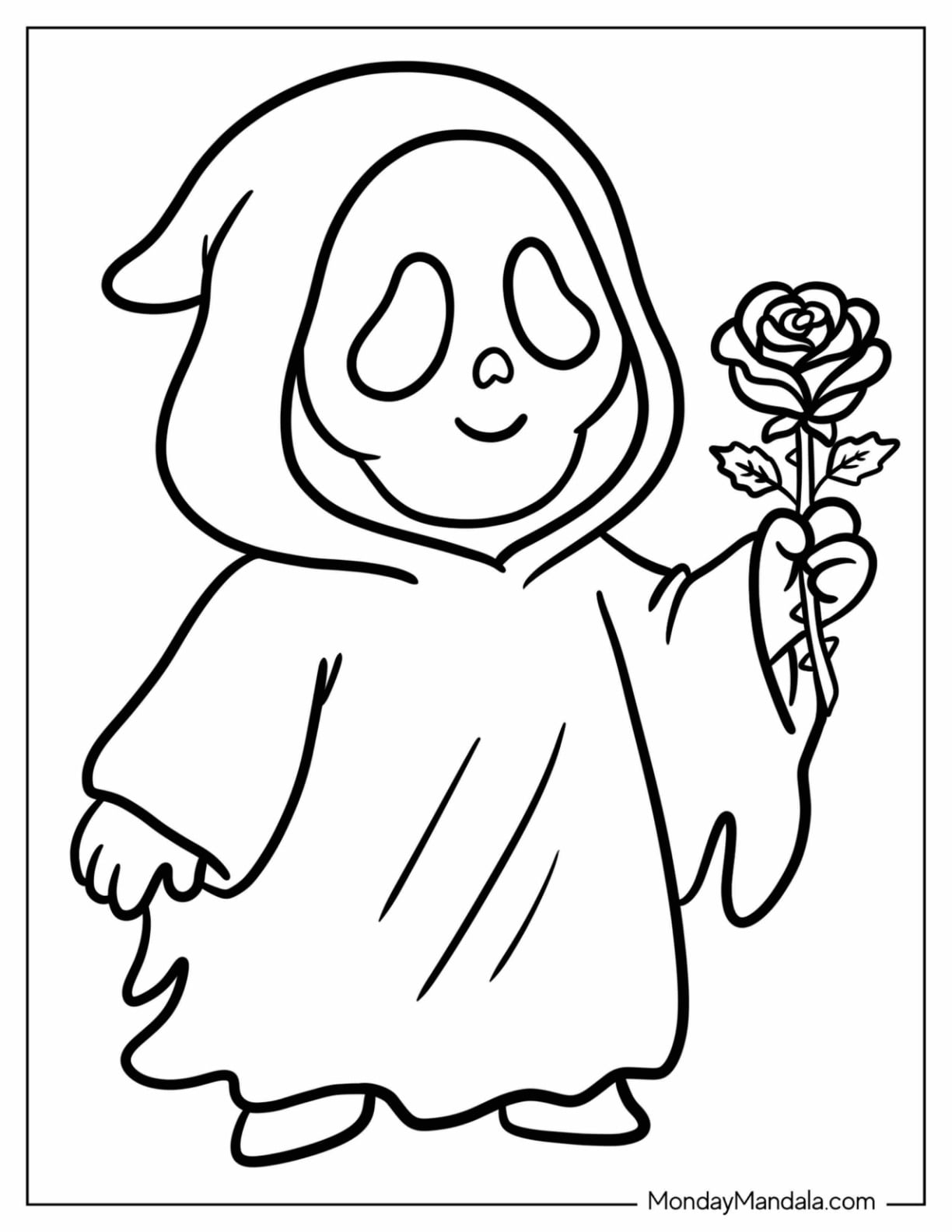 Easy Ghost Face Holding a Rose Coloring Sheet for Preschoolers