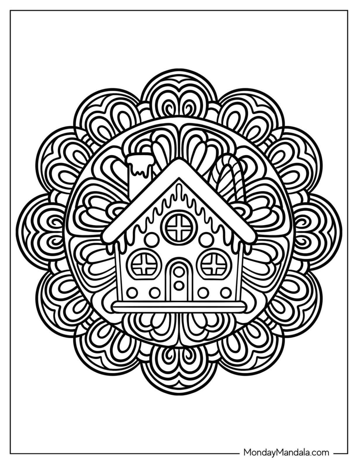 Easy Gingerbread House Inside Flower Christmas Mandala Coloring Page