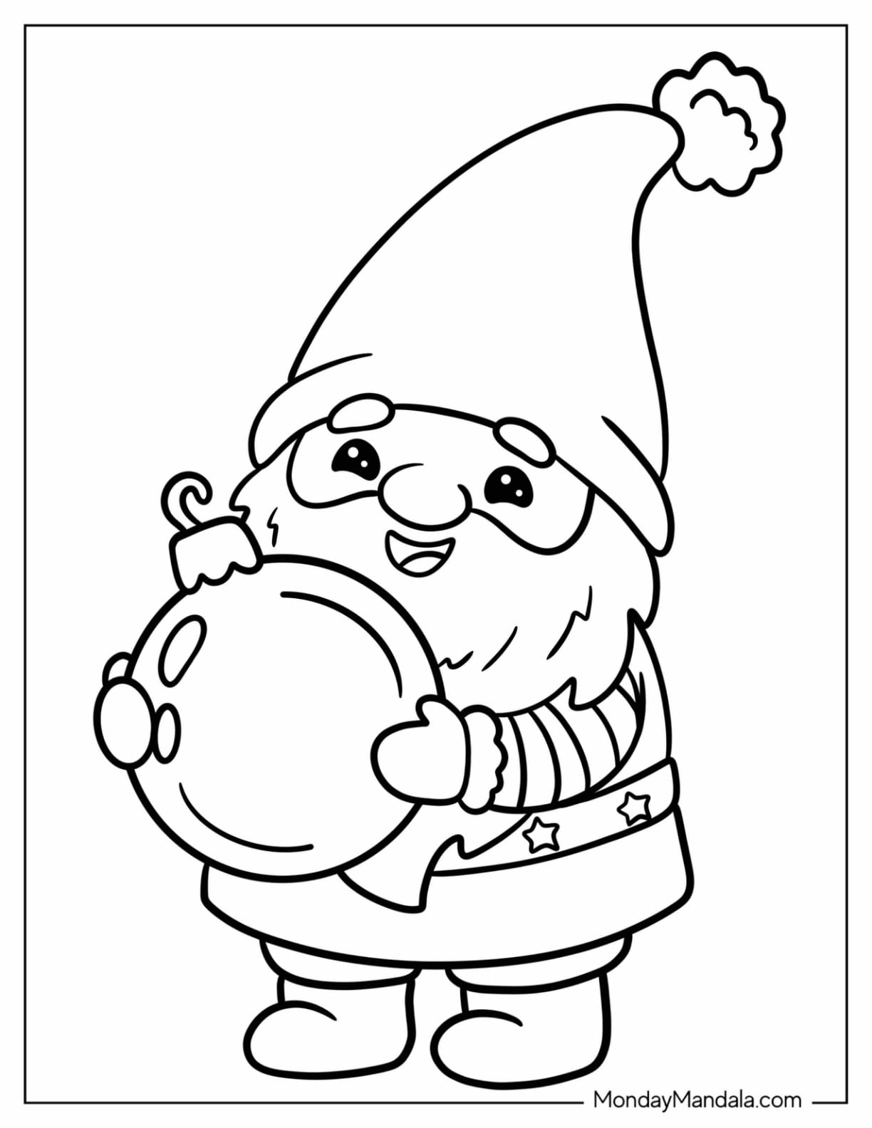 Easy Christmas Gnome Coloring PageHolding a Christmas Bauble for Preschoolers