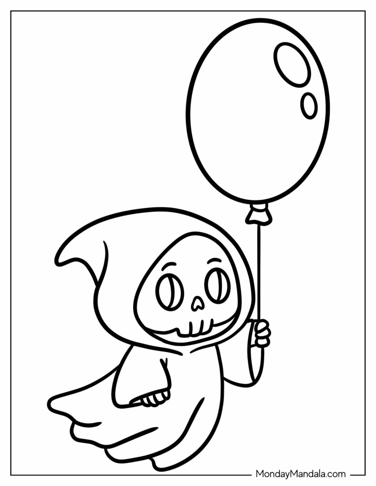 Easy Grim Reaper Coloring Page Holding a Large Balloon for Preschoolers