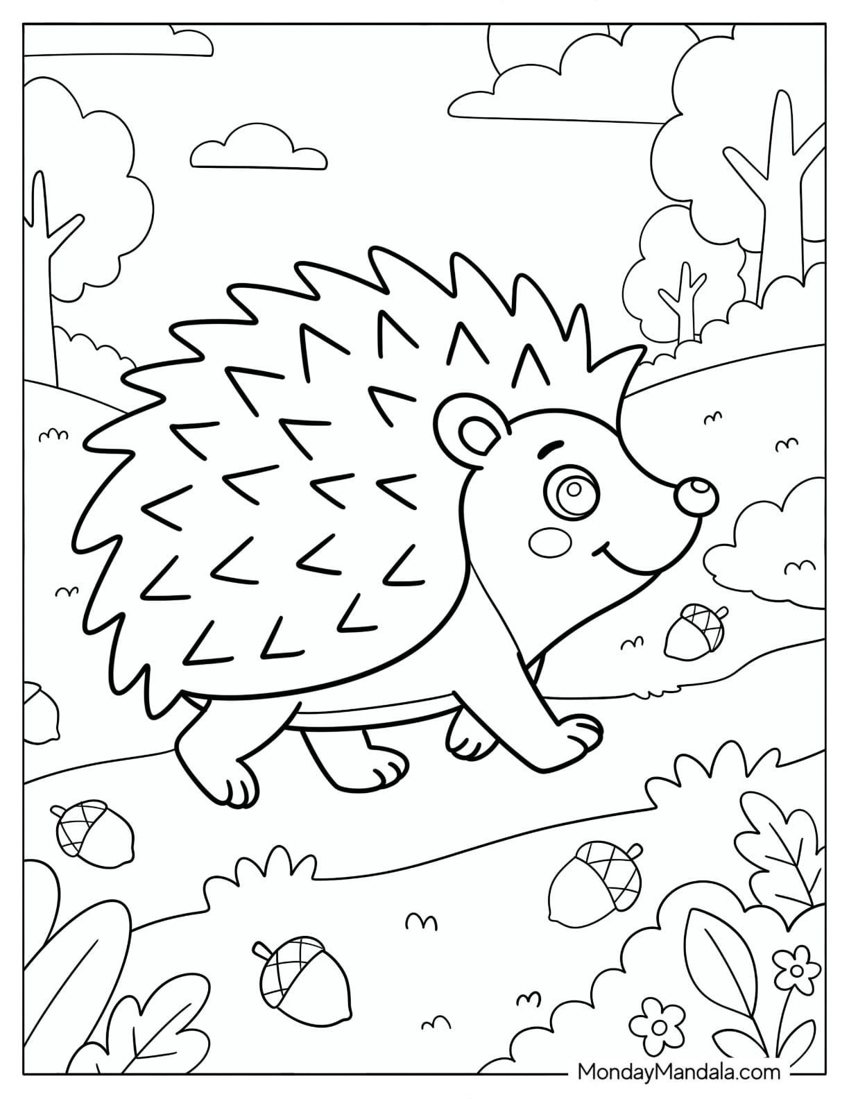 Easy Hedgehog Walking in the Park with Acorns Coloring Page for Kids