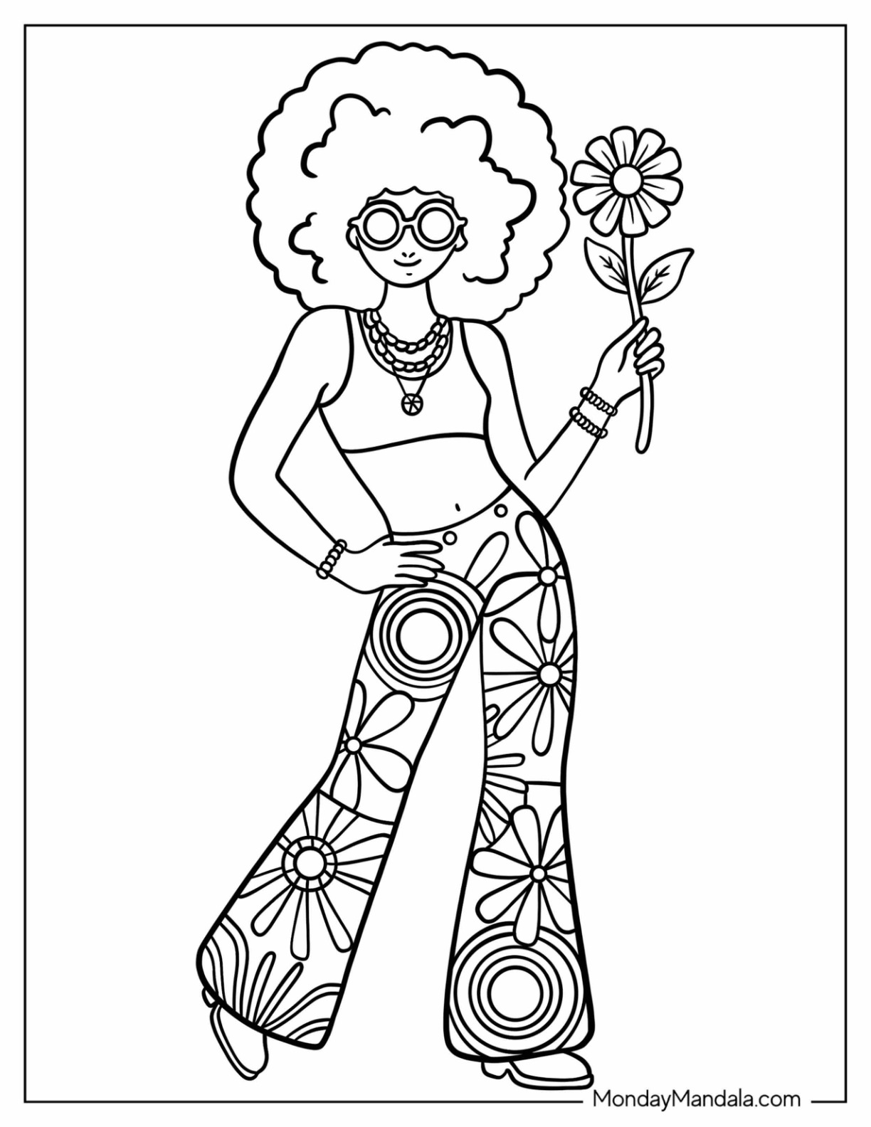 Easy Hippie Girl with Afro Hair, Retro Glasses, and Floral Pants Holding a Flower Coloring Sheet