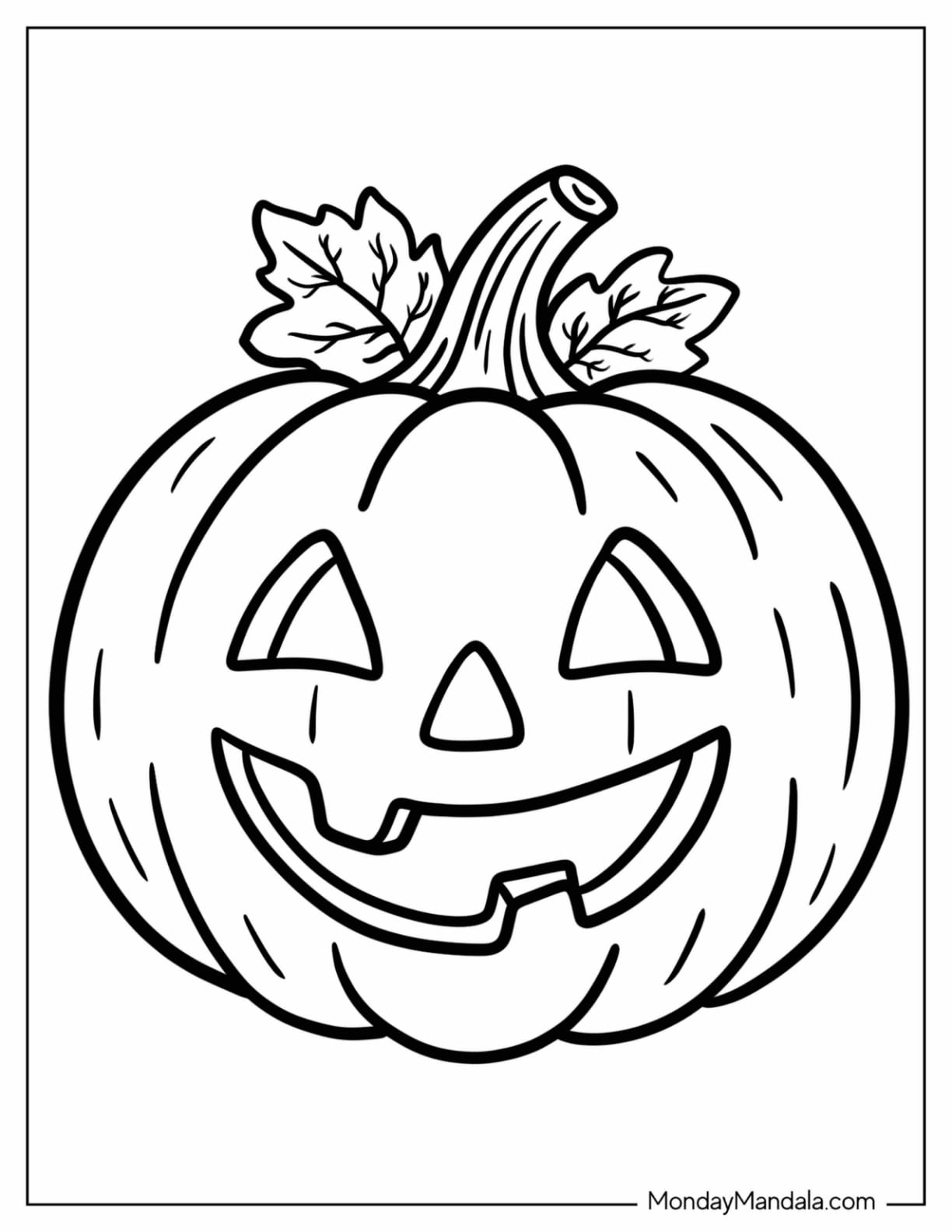 Easy Jack o Lantern Pumpkin with Leafy Stem Coloring Page for Kids