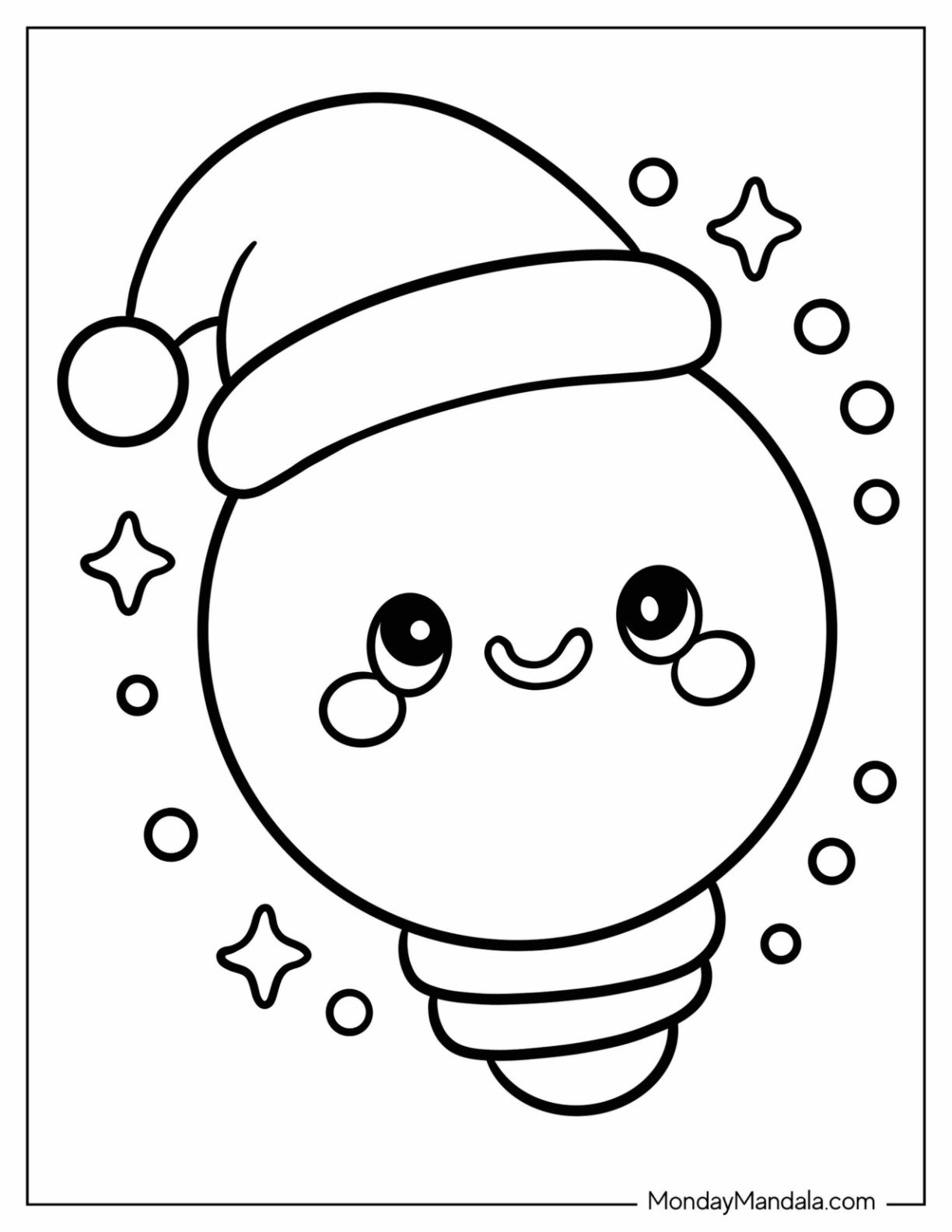 Easy Kawaii Christmas Lights Coloring Page with Santa Hat for Preschoolers
