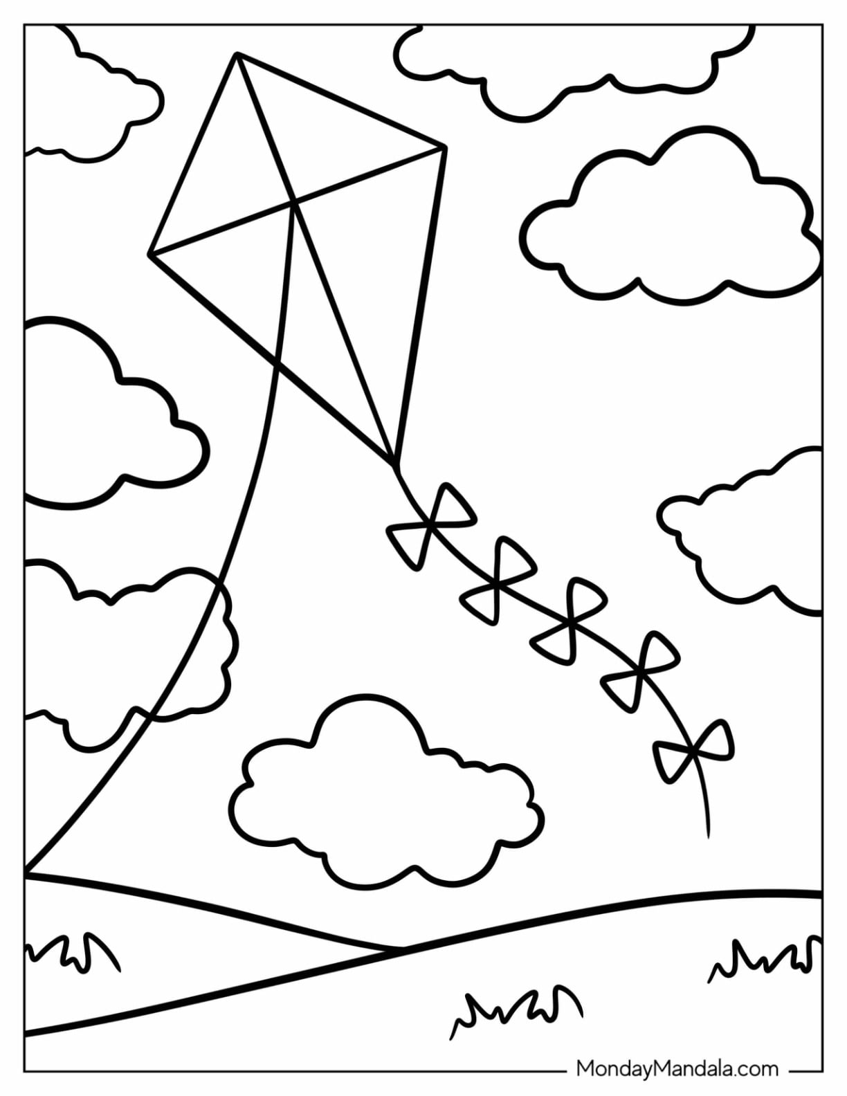 Easy Kite Coloring Page in the Sky for Preschoolers