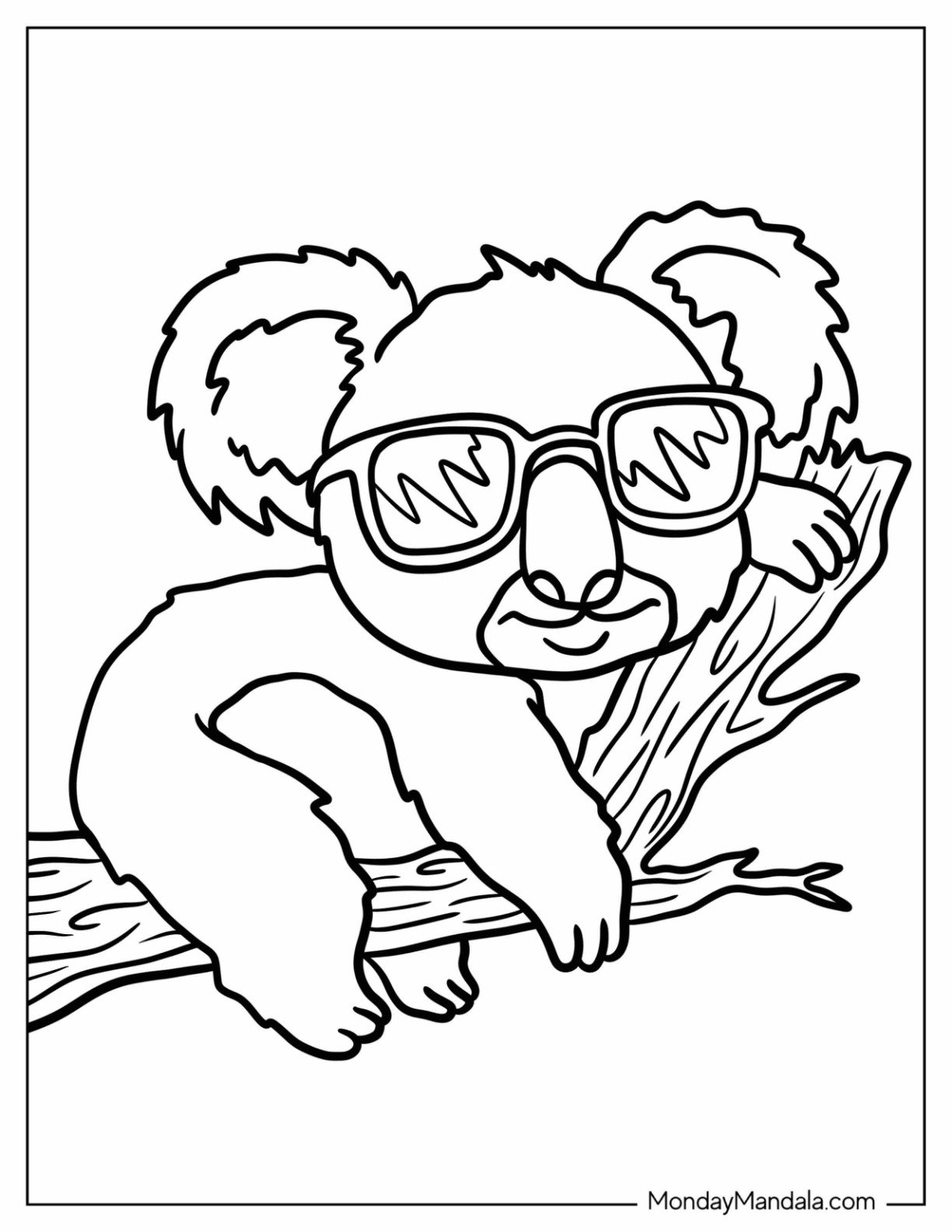 Easy Koala Coloring Page with Sunglasses Sleeping on a Branch for Kids