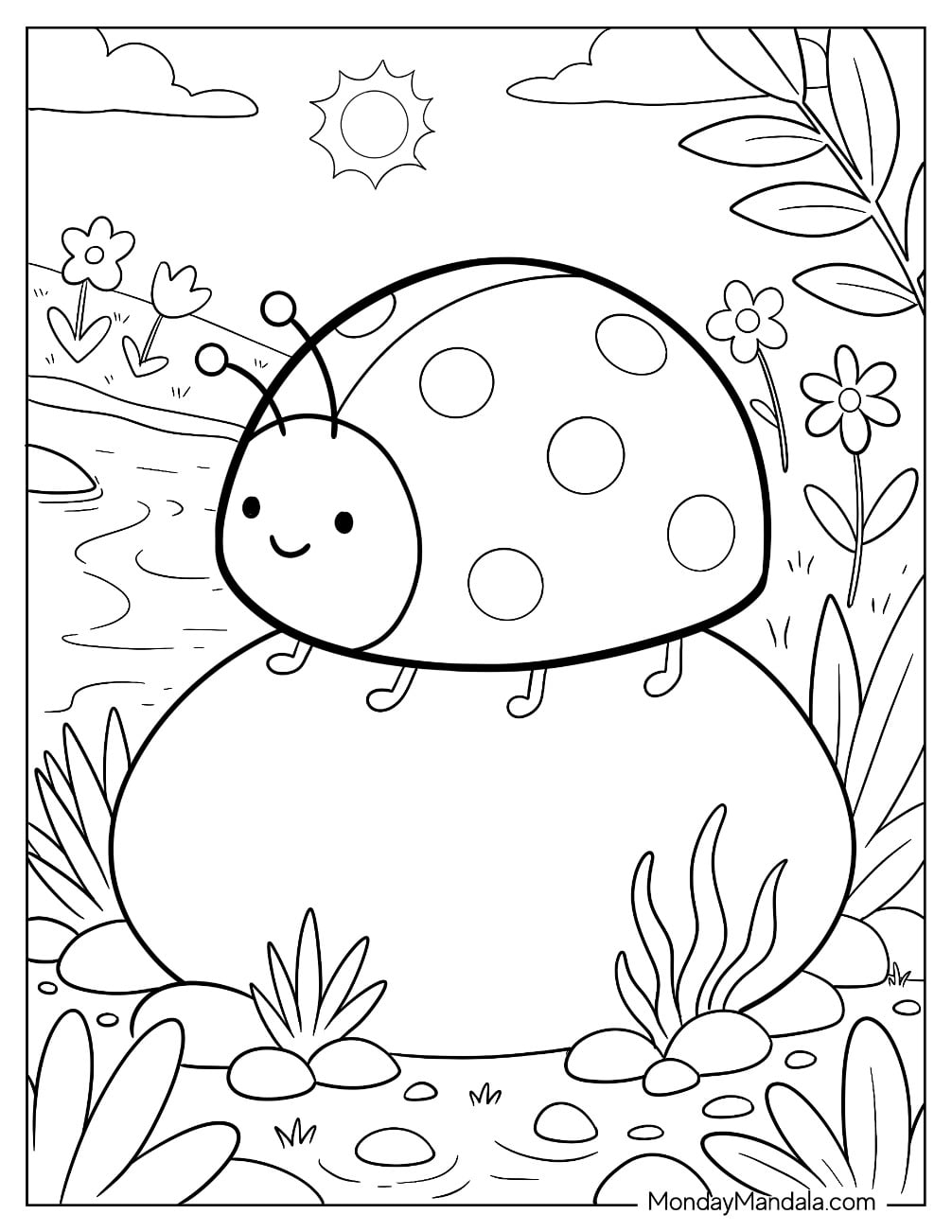 Easy Ladybug Resting on a Rock Coloring Sheet for Kids