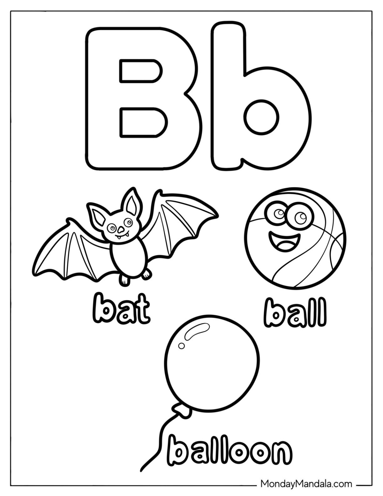 Easy Letter B Coloring Page with Bat, Ball, and Balloon Coloring Page for Kids