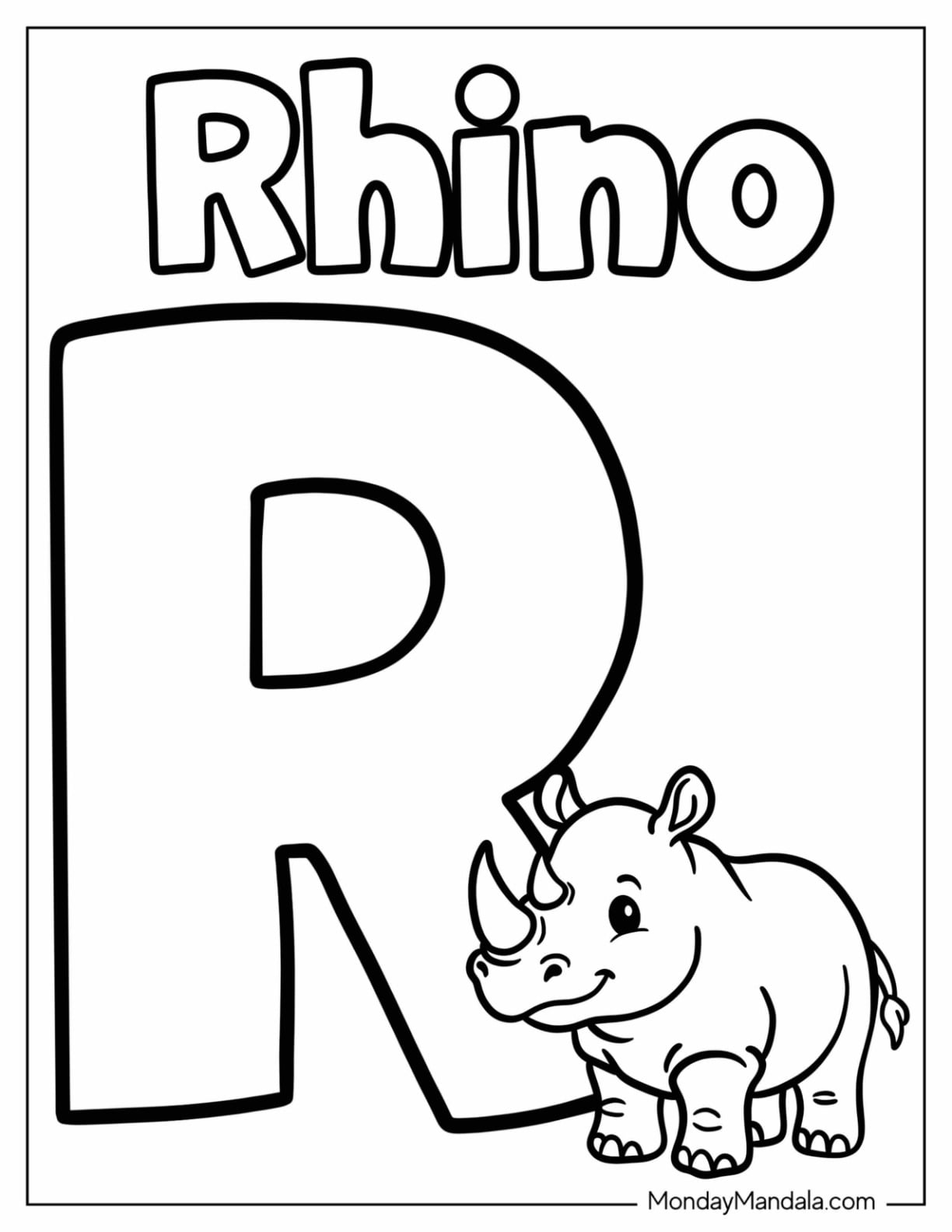 Easy Letter R Coloring Page is for Rhino for Preschoolers