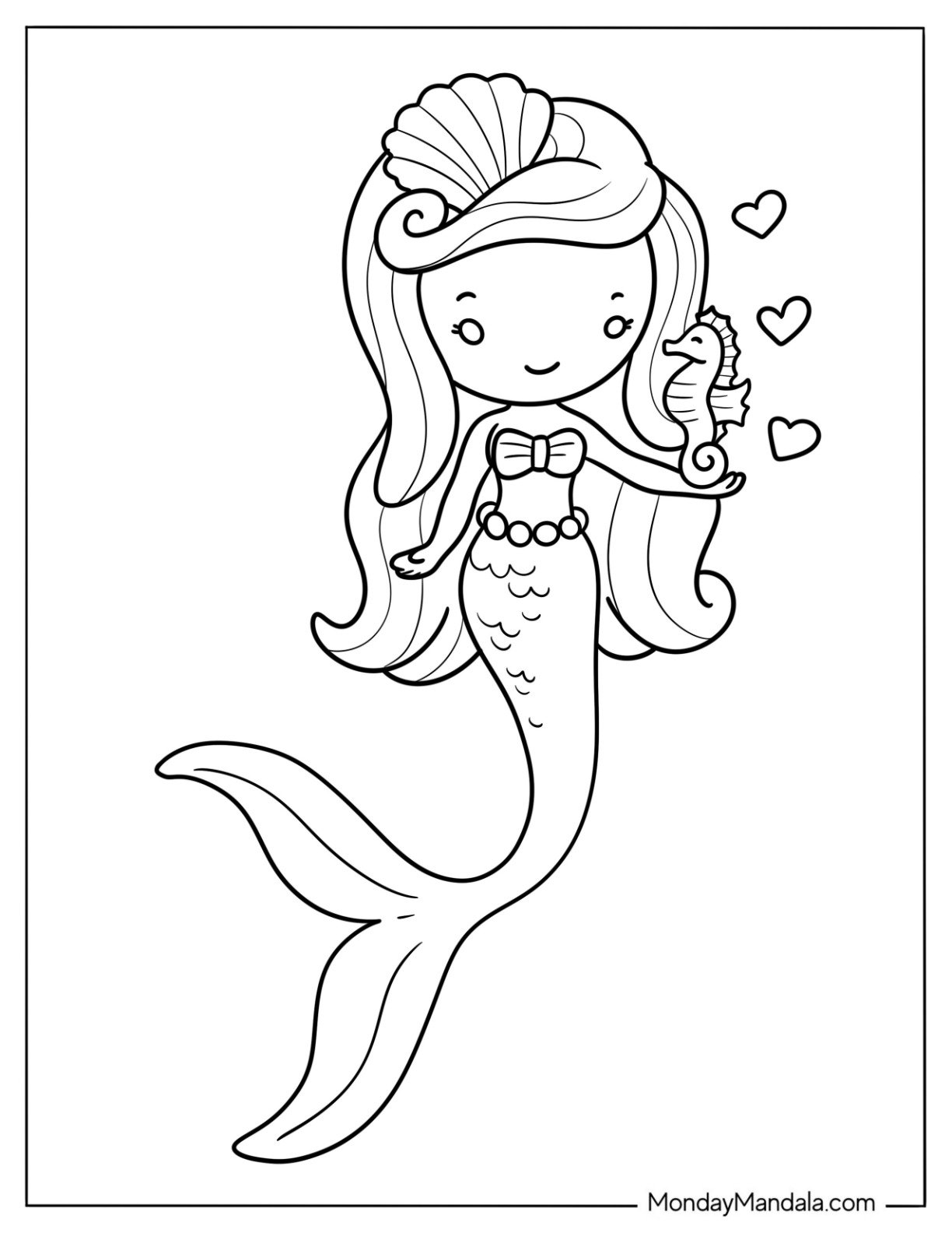 Easy Mermaid Coloring Page with Pet Seahorse and Love Hearts for Preschoolers