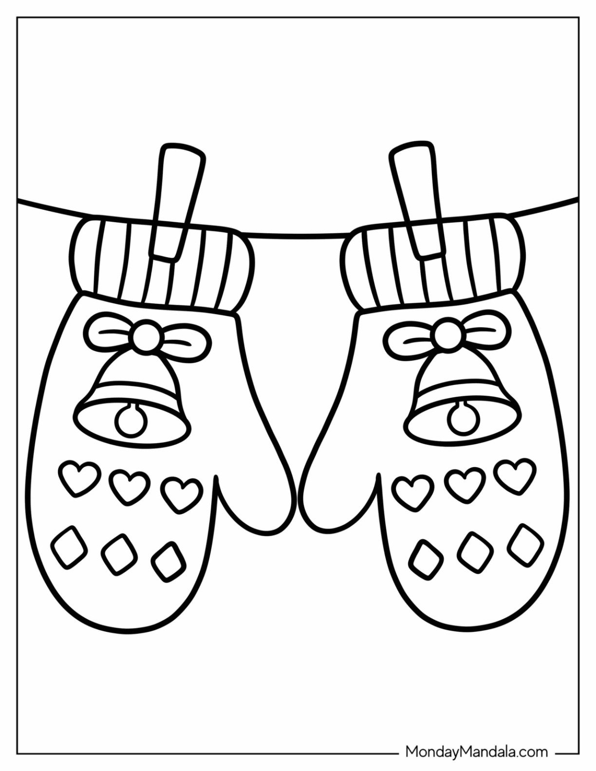 Easy Mittens Coloring Page with Bell and Heart Designs Hanging for Preschoolers
