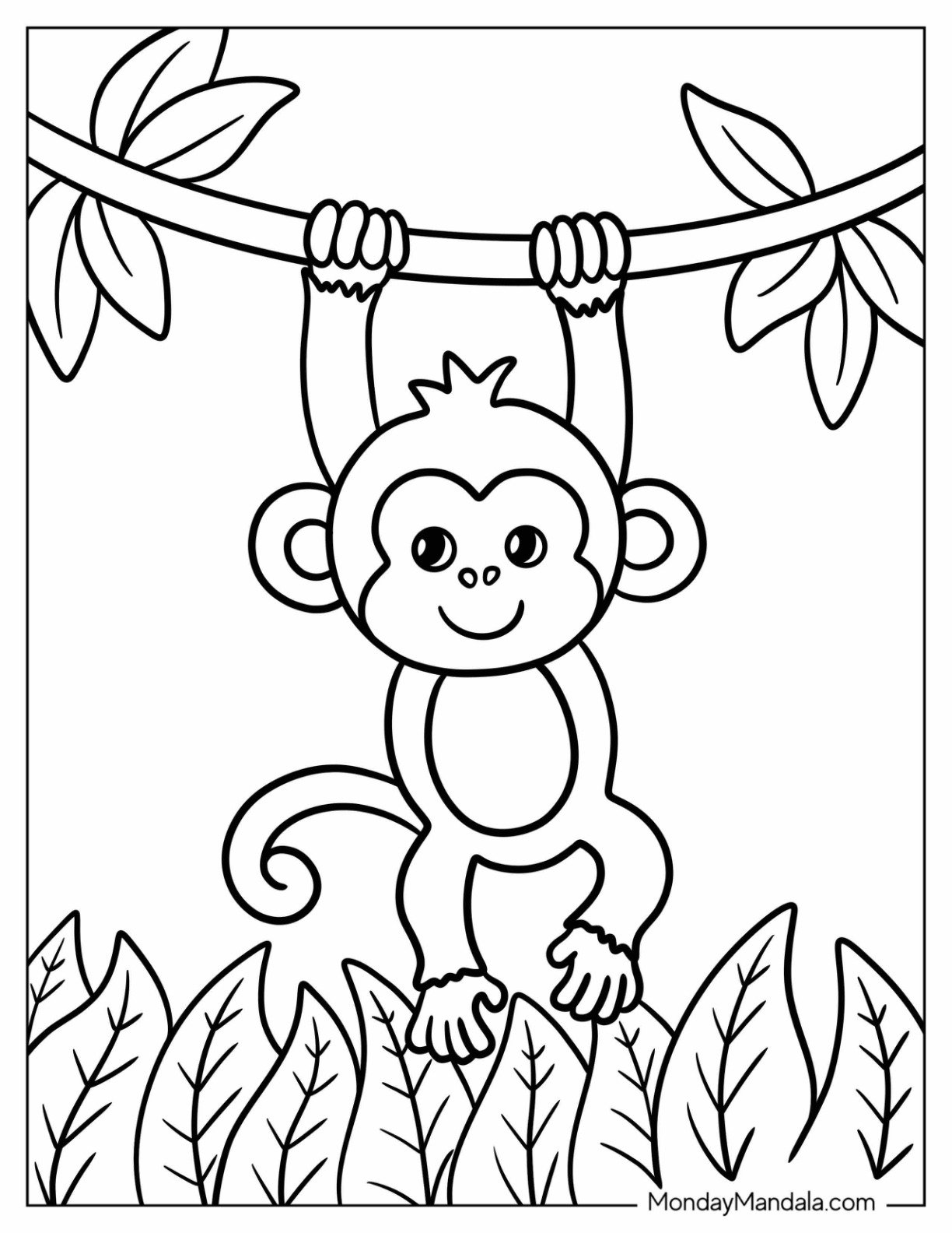 Easy Monkey Coloring Page Hanging from a Tree Branch for Kids