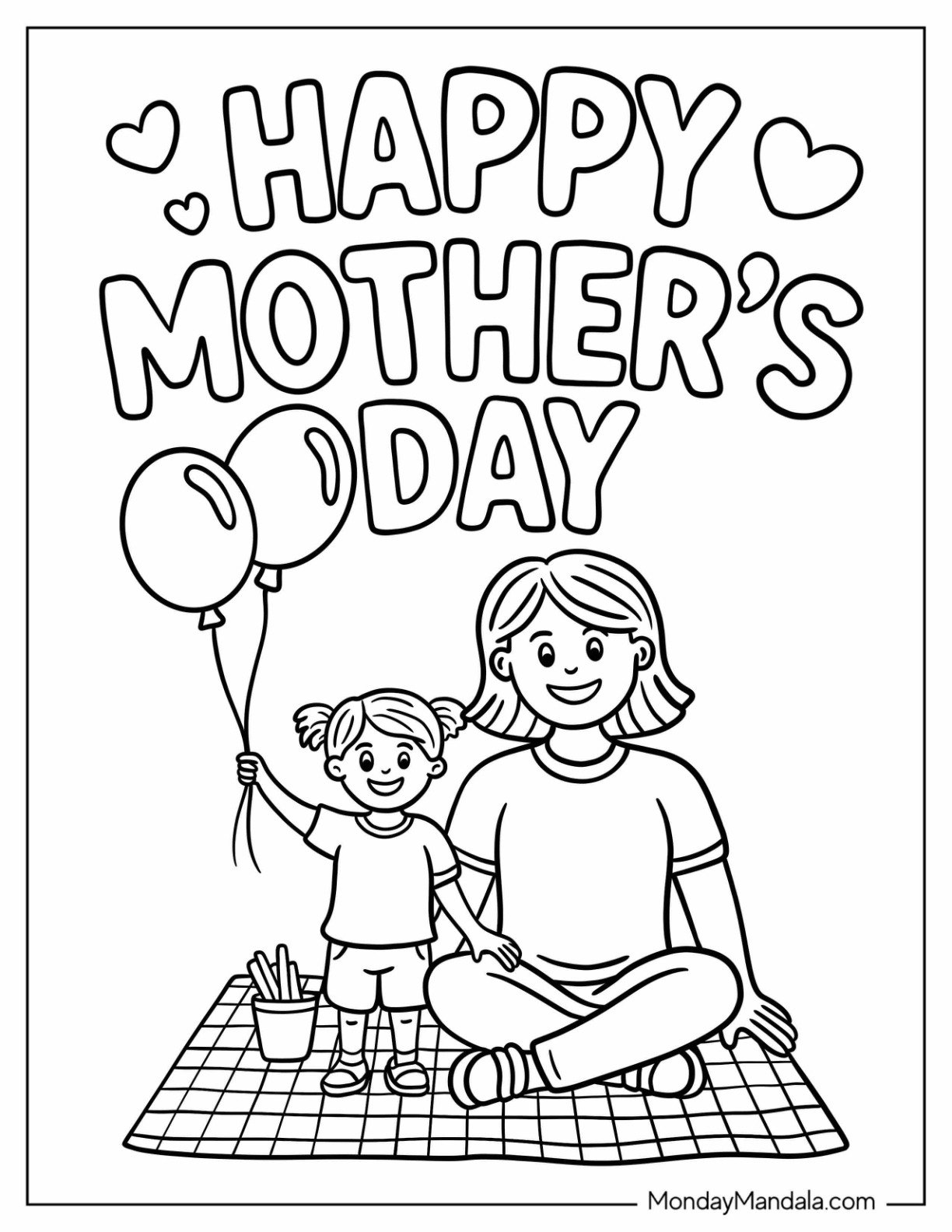 Easy Mother's Day Coloring Page of Picnic with Balloons and Smiles For Kids