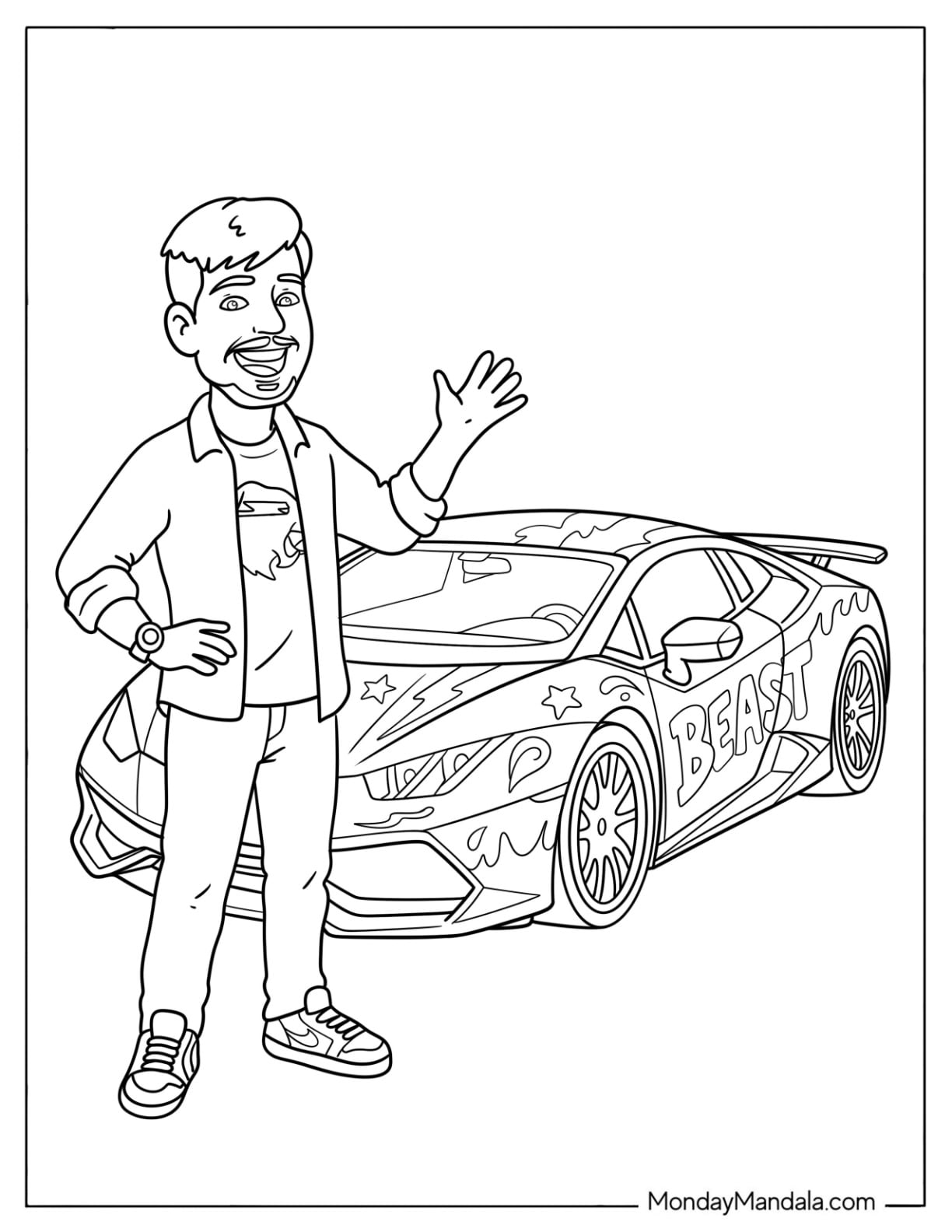 Easy MrBeast Waving Beside a Sports Car Coloring Page for Kids