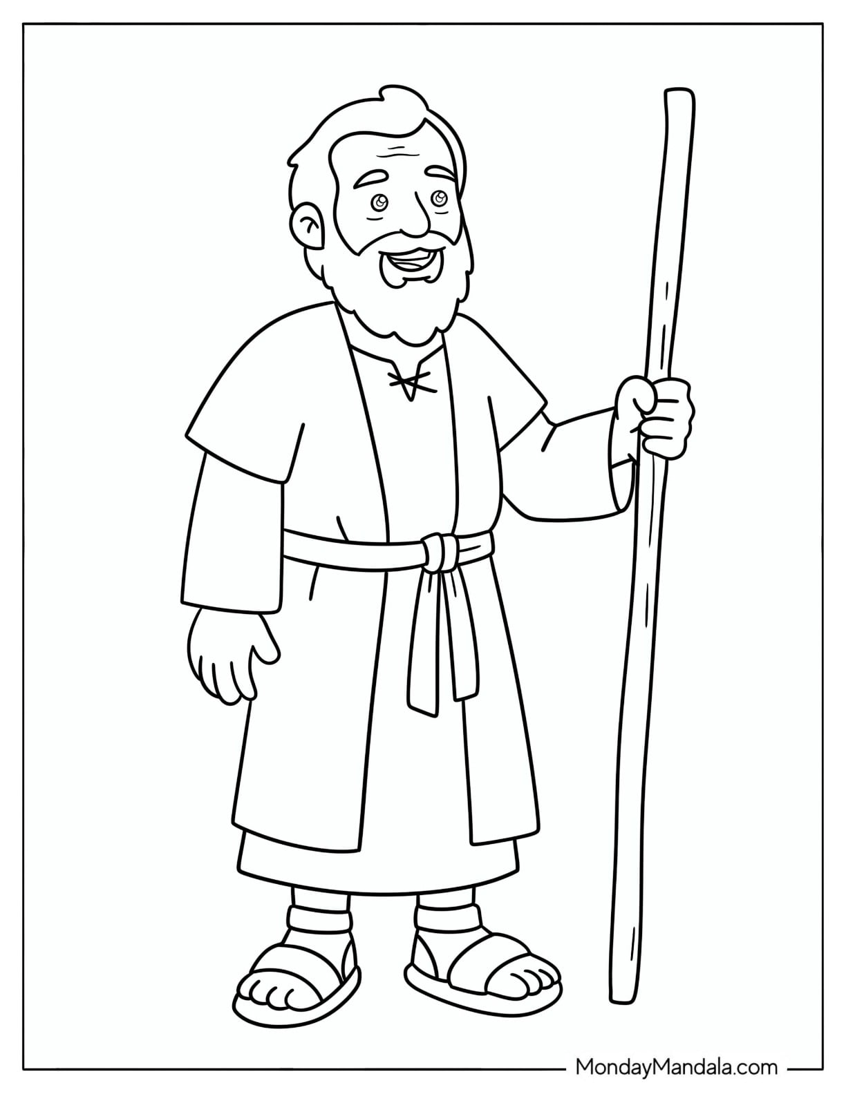 Easy Noah Holding a Staff Coloring Page for Kids