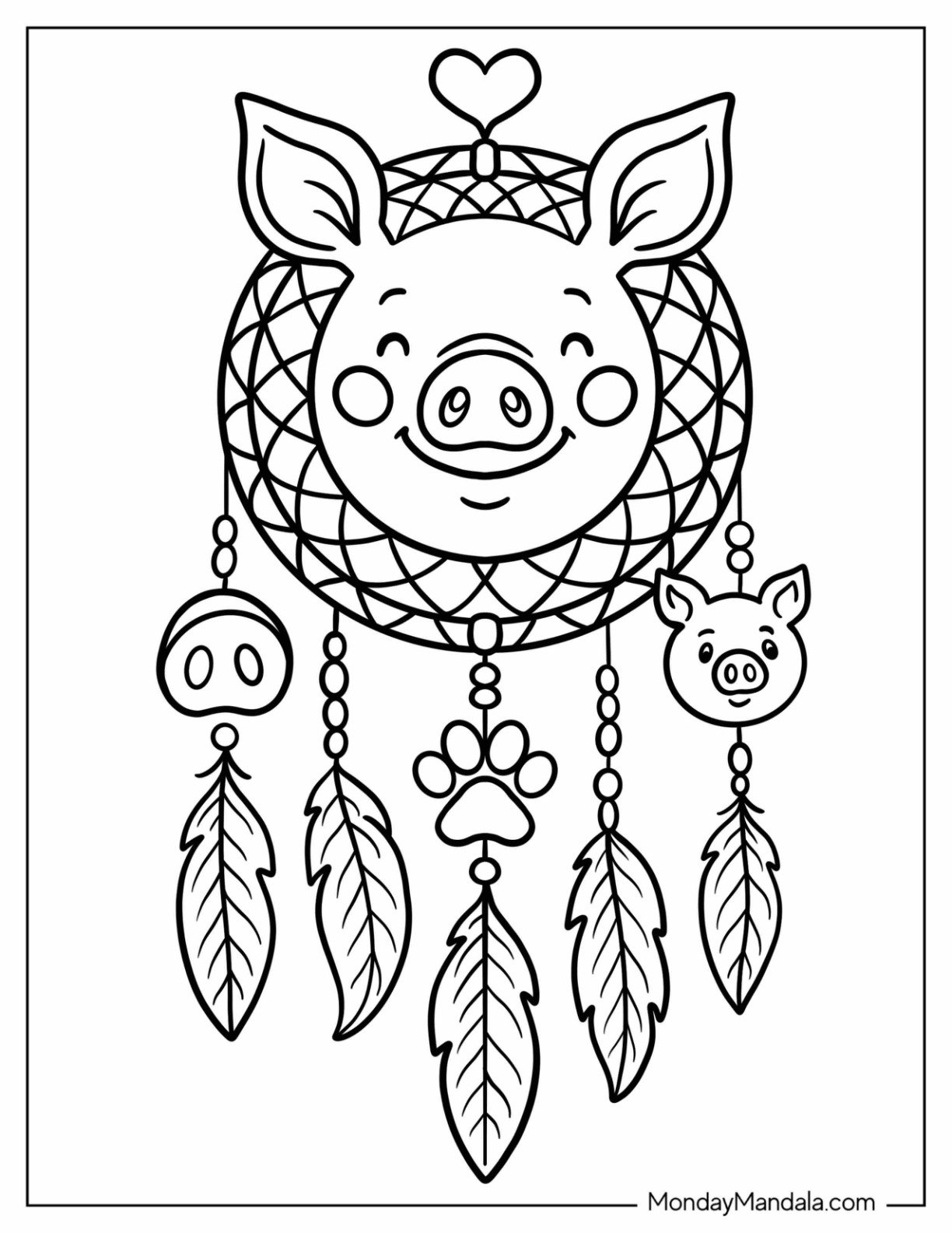 Easy Pig Coloring Page Dreamcatcher with Cute Charms for Kids