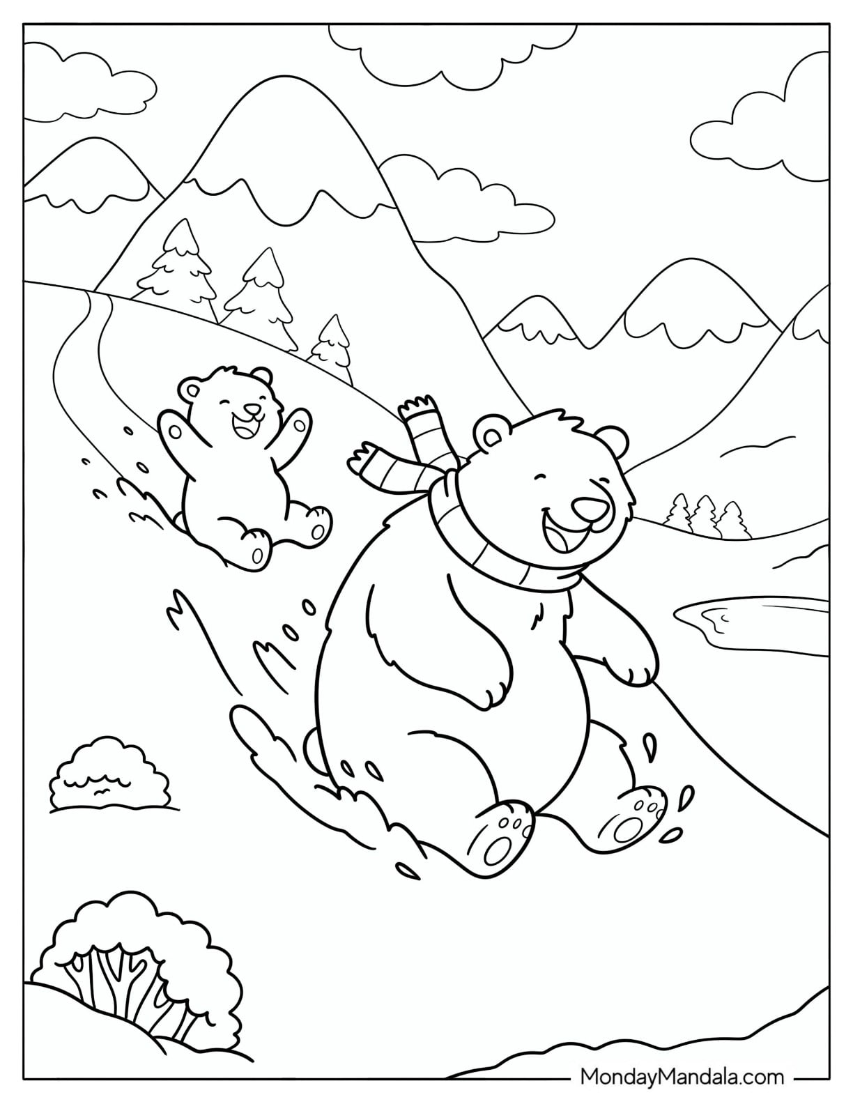 Easy Polar Bear Sliding Down a Snowy Slope with Cub Coloring Sheet for Kids