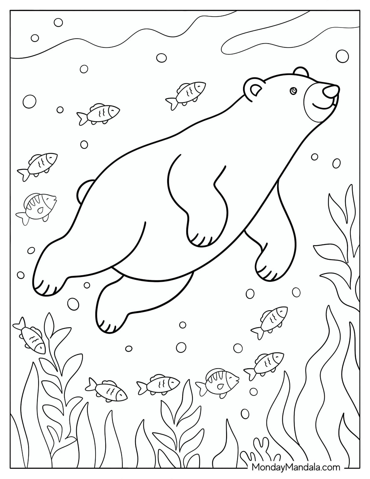 Easy Polar Bear Swimming with Fishes Coloring Page for Kids