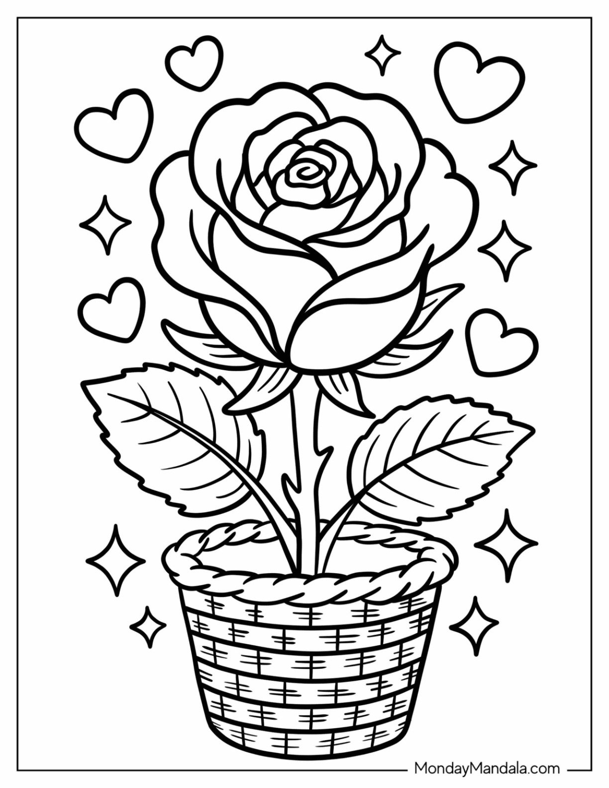 Easy Potted Rose Coloring Page With Love Hearts and Sparkles for Kids