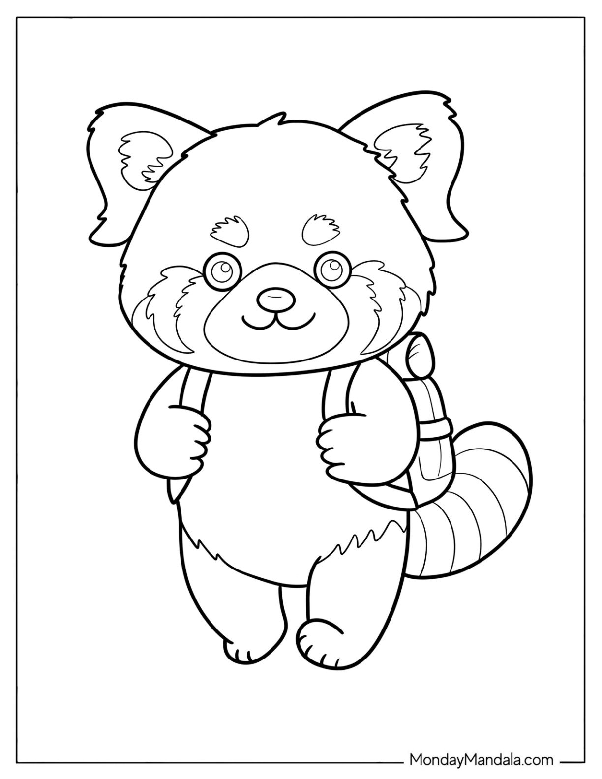Easy Red Panda Coloring Page Walking with a Backpack for Preschoolers