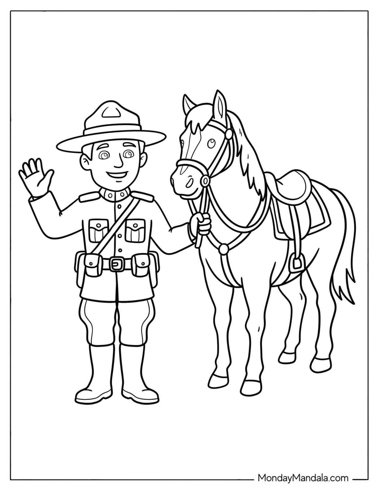 Canada Coloring Page of Easy Royal Canadian Mounted Police Officer with Horse for Kids