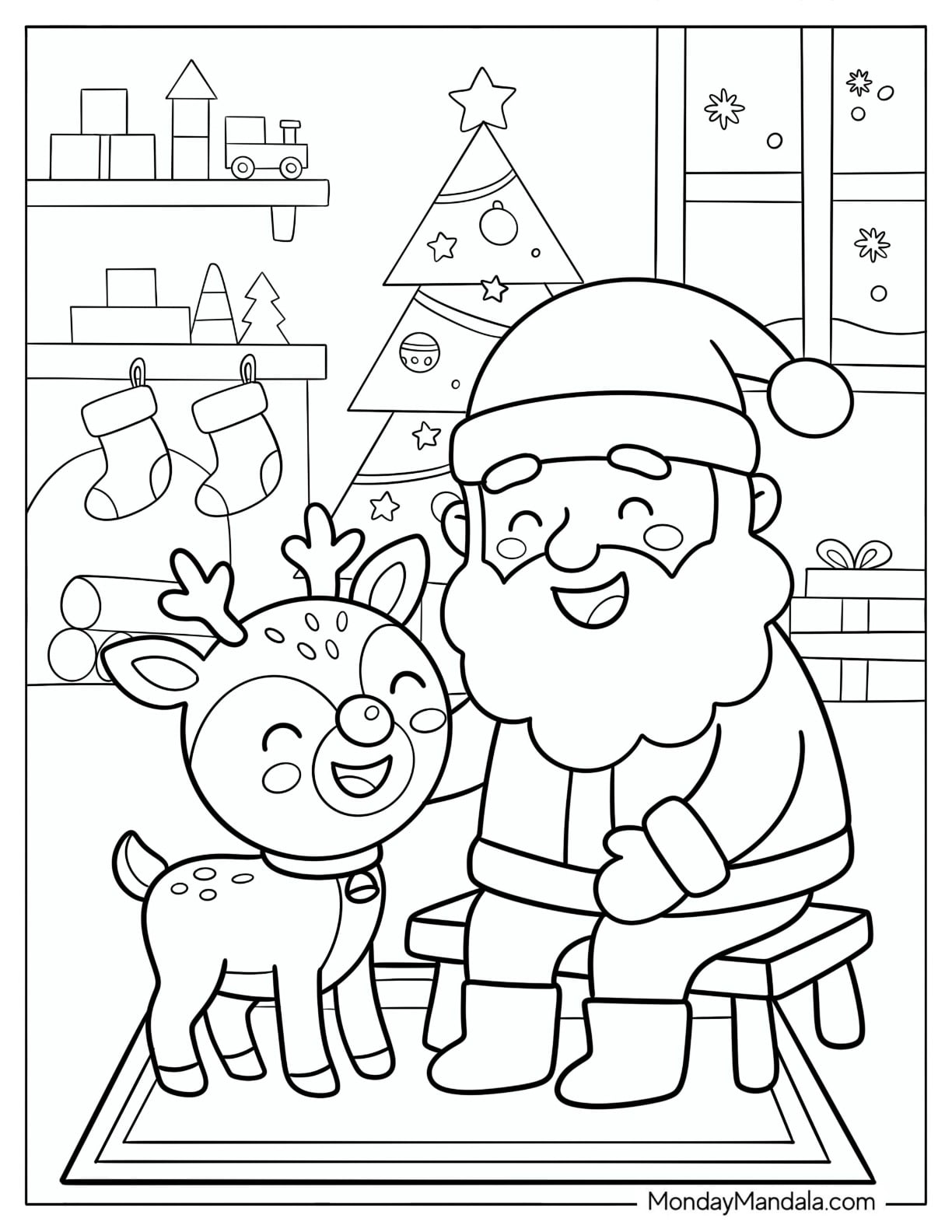Easy Santa Petting Baby Rudolph Coloring Page for Preschoolers