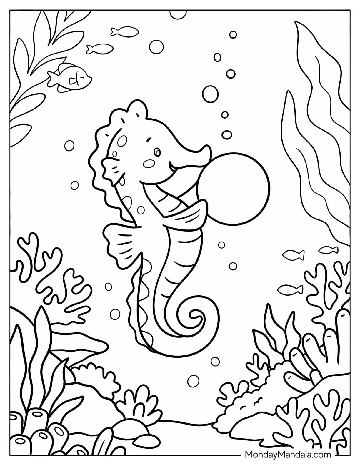 Easy Seahorse Playing with a Pearl Coloring Page for Preschoolers