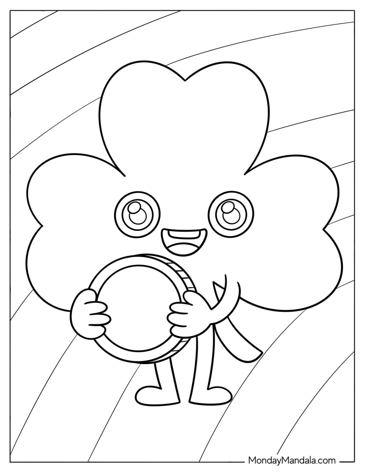 Easy Shamrock Coloring Page Holding a Gold Coin for Preschoolers