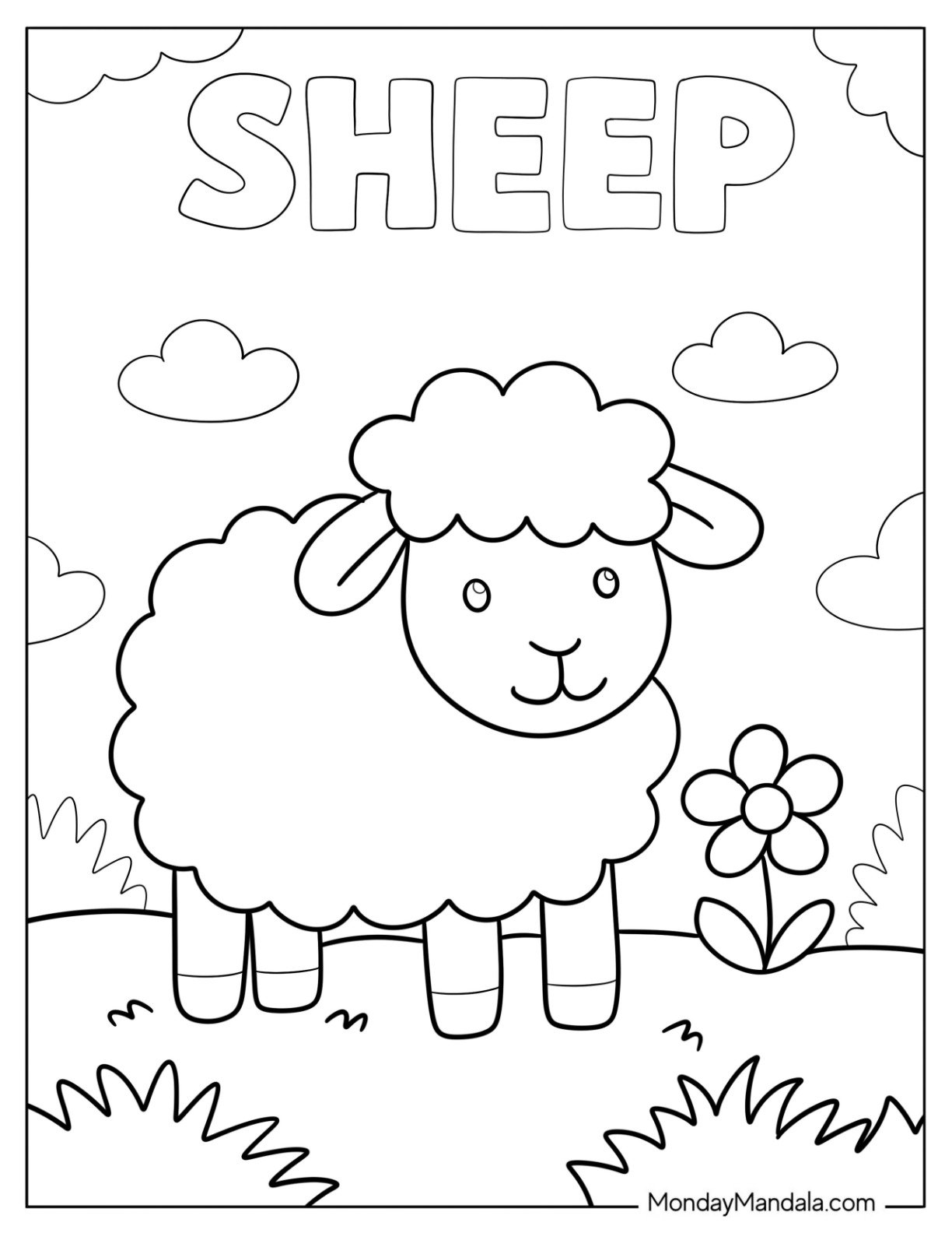 Easy Sheep Coloring Page with Flower and Large Text