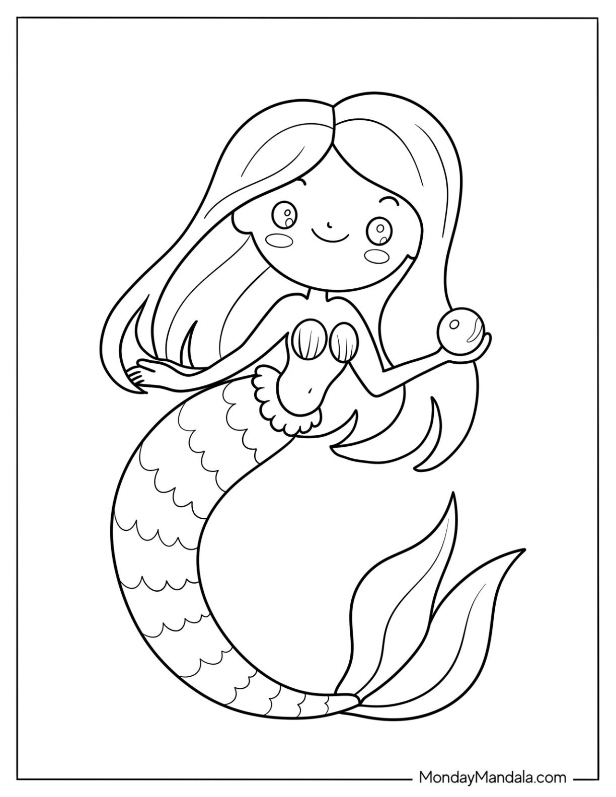 Easy Smiling Mermaid Coloring Page Holding a Pearl for Preschoolers