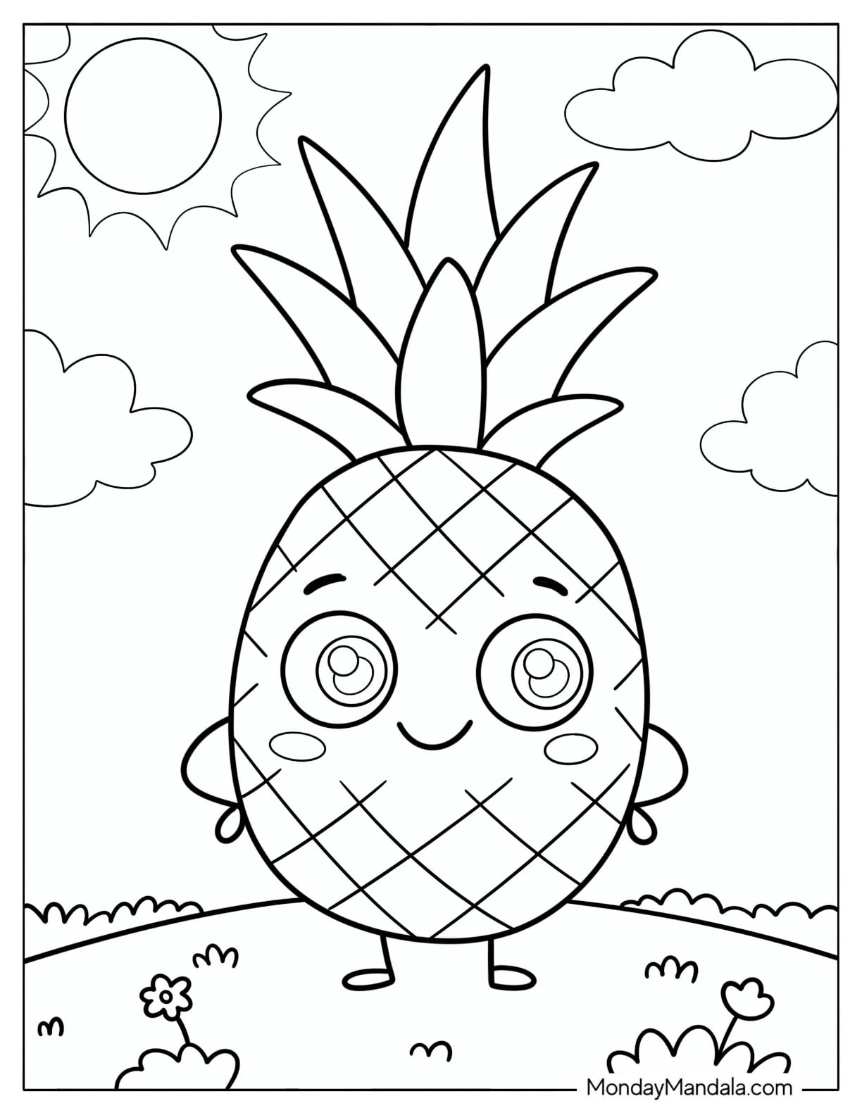 Easy Smiling Pineapple on a Sunny Day Coloring Page for Kids