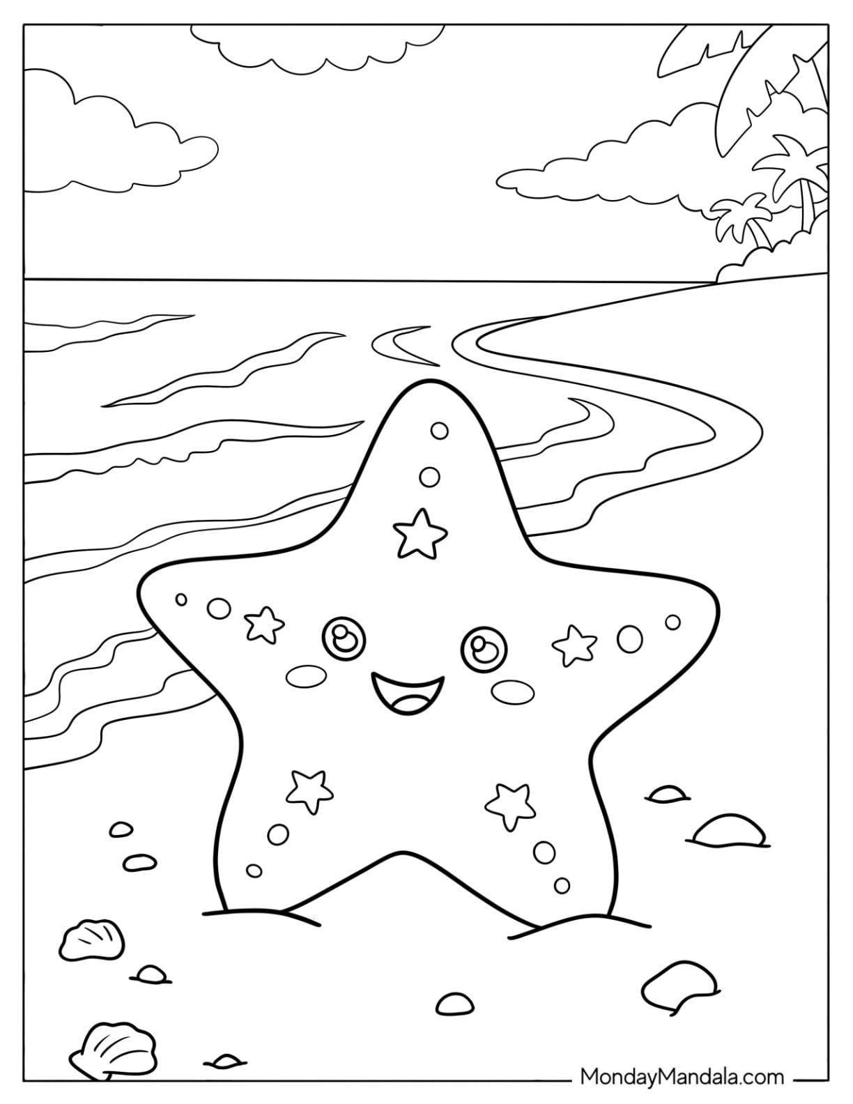 Easy Starfish on the Shore Coloring Sheet for Kids