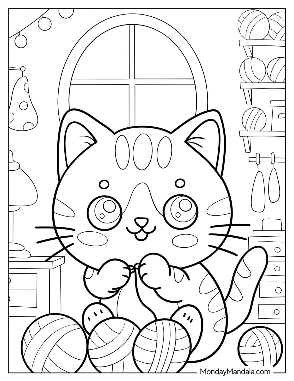Easy Striped Cat Coloring Page Playing with Balls of Yarn for Kids