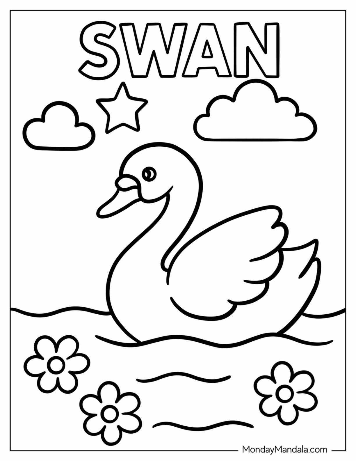 Easy Swan Coloring Page with Flowers, Clouds, and Text for Preschoolers
