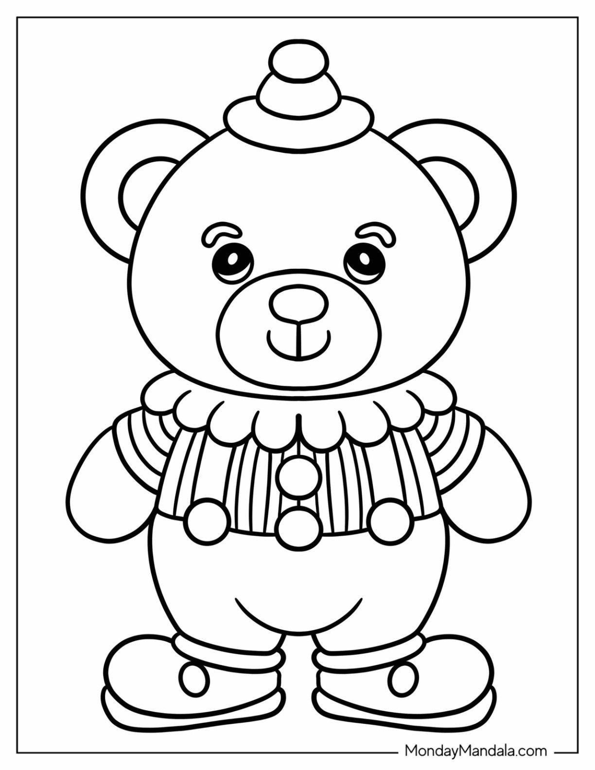 Easy Teddy Bear Clown Coloring Page With Tiny Hat for Preschoolers