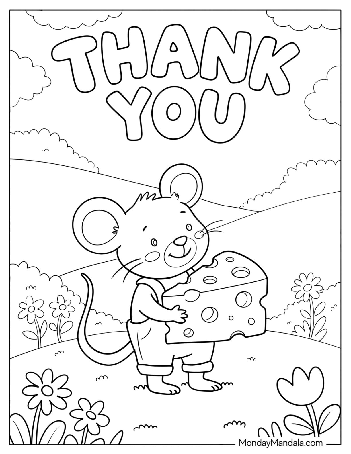 Easy Thank You Over Mouse Holding Cheese Coloring Sheet for Kids