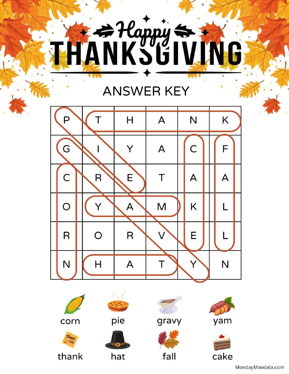 Easy Thanksgiving Word Search For Kids Answer Key