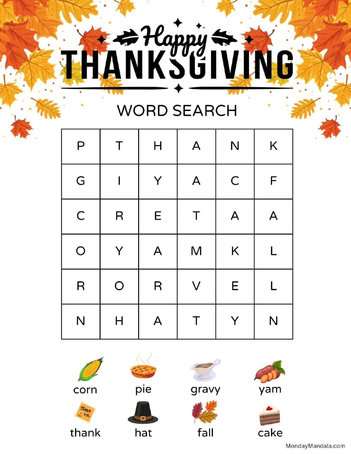 Easy Thanksgiving Word Search For Kids