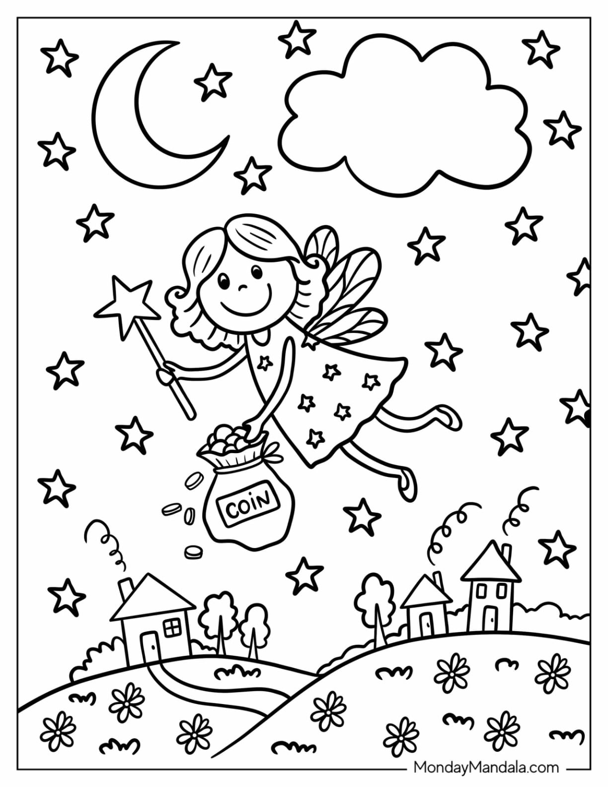 Easy Tooth Fairy Flying with a Bag of Coins Coloring Page for Kids