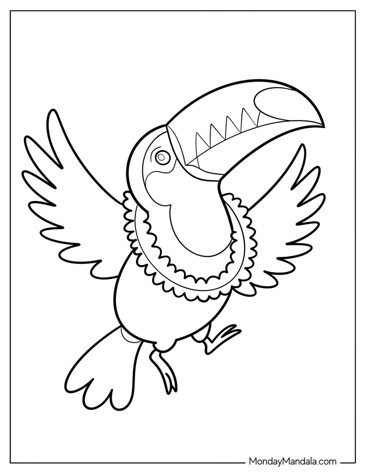 Easy Toucan Coloring Page Flying with Leafy Necklace around Its Neck for Preschoolers