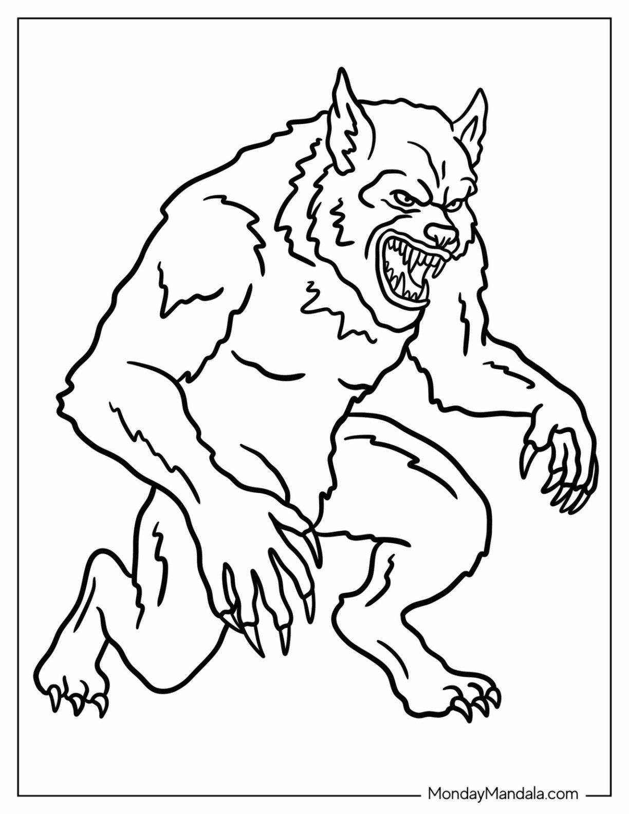 Easy Werewolf Coloring Page Outline with Sharp Claws and Long Ears for Kids