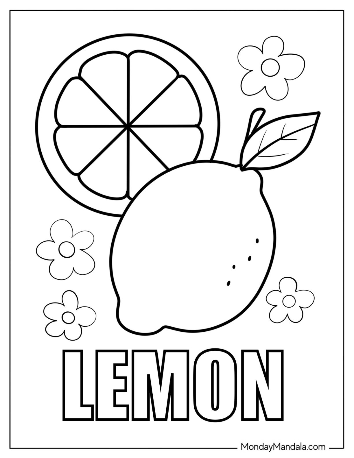 Easy Whole Lemon Coloring Page and Lemon Slice with Text and Flowers.pdf